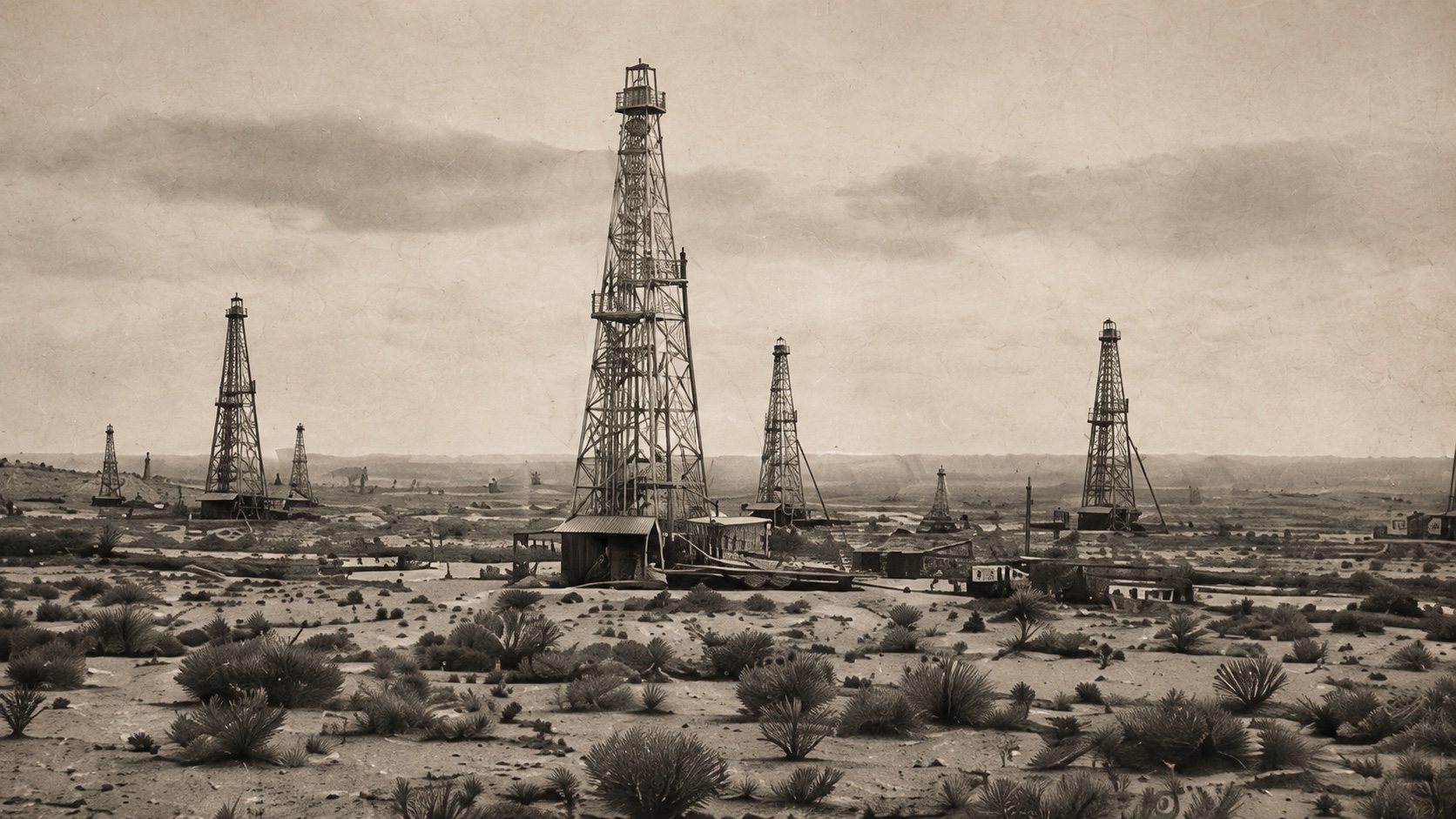 Early oil derricks across the West Texas landscape